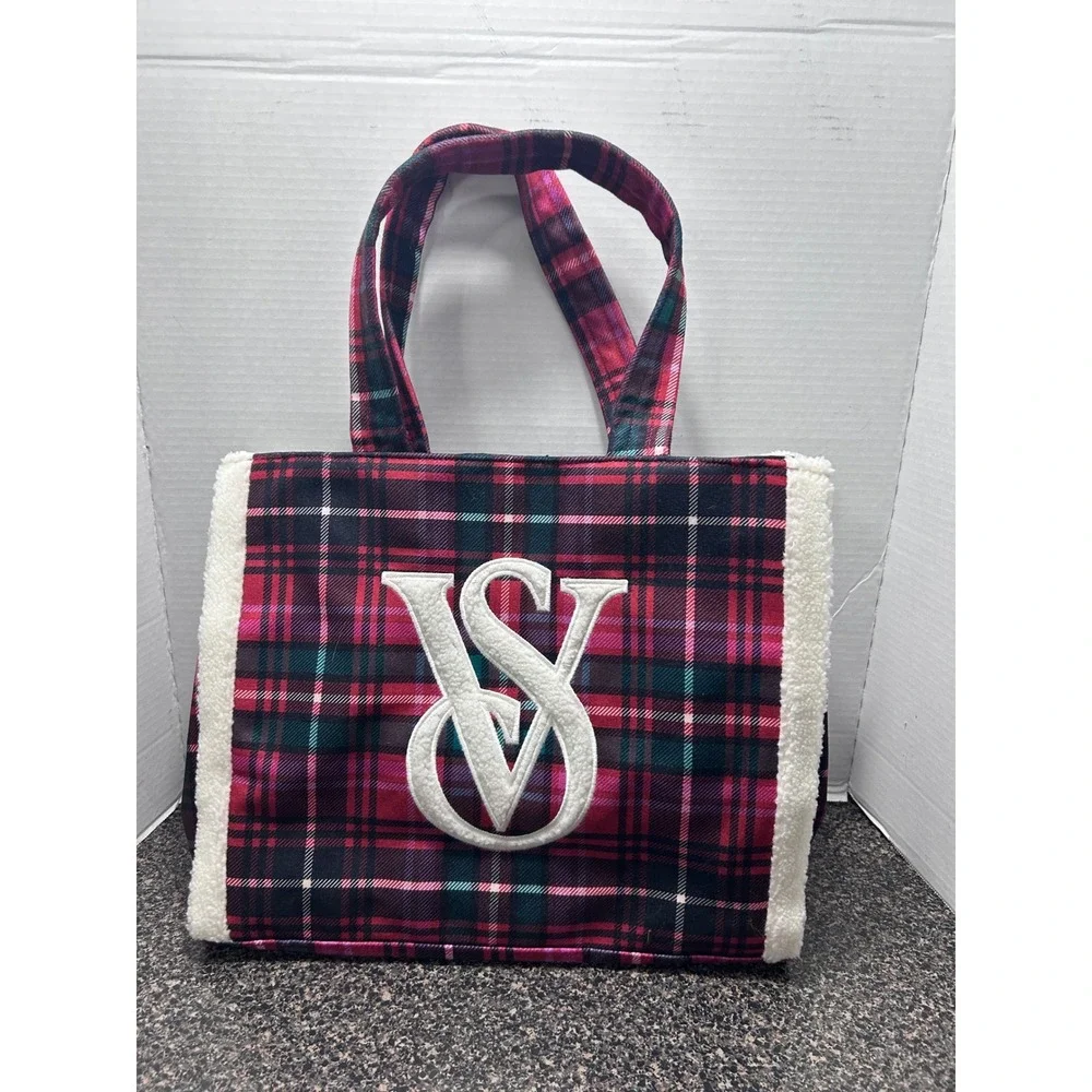 Victoria's Secret Plaid Sherpa Trim‎ Tote Bag VS Logo Holiday Cozy